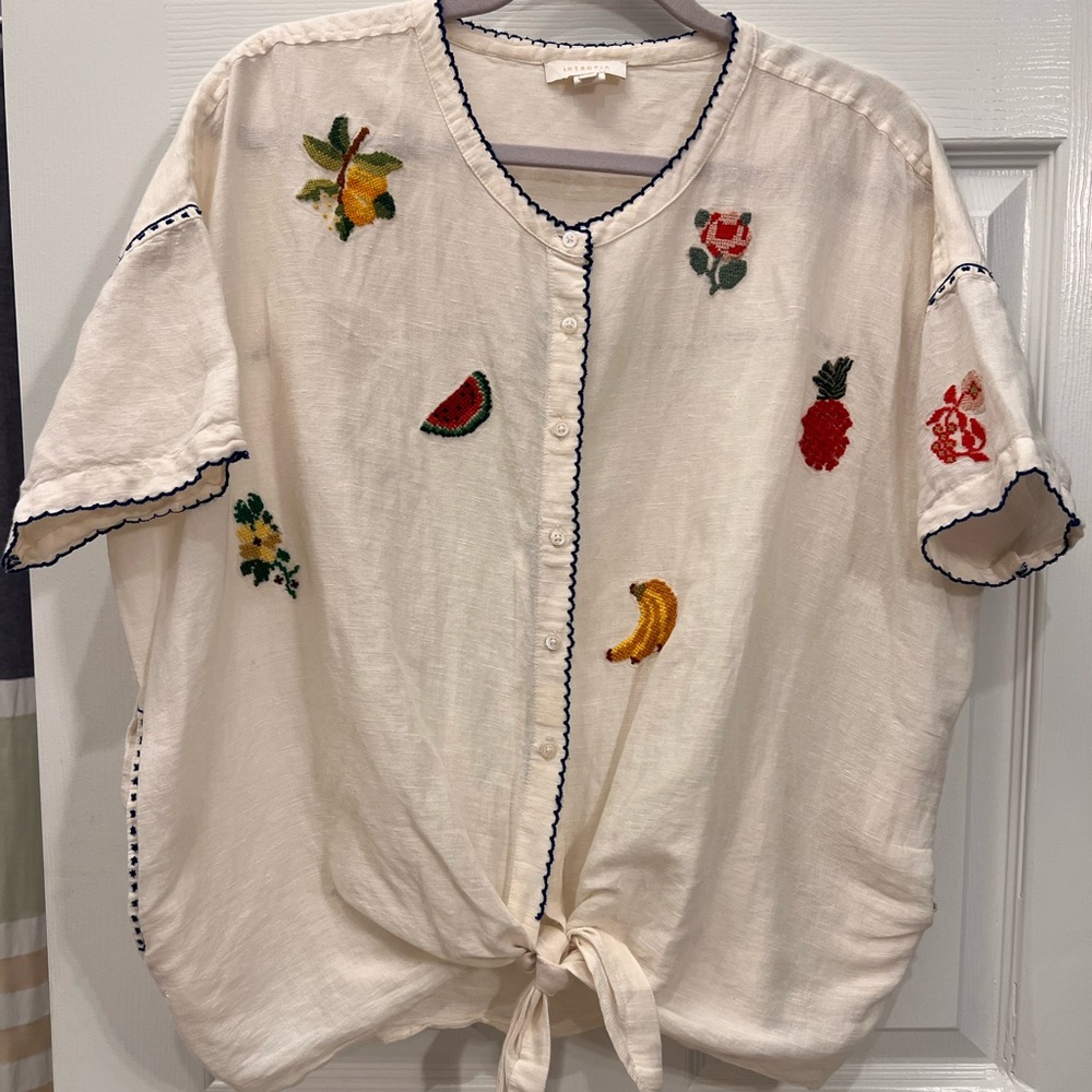 Cream Embroidered Fruit & Floral Tie-Front Top